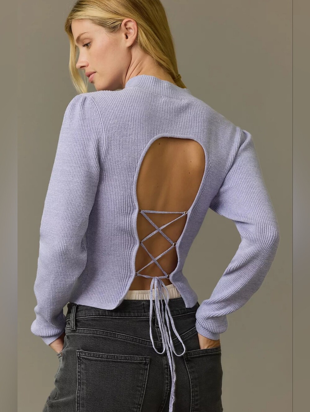 By Anthropologie Mock-Neck‎ Lace-Up Open Back Sweater Purple